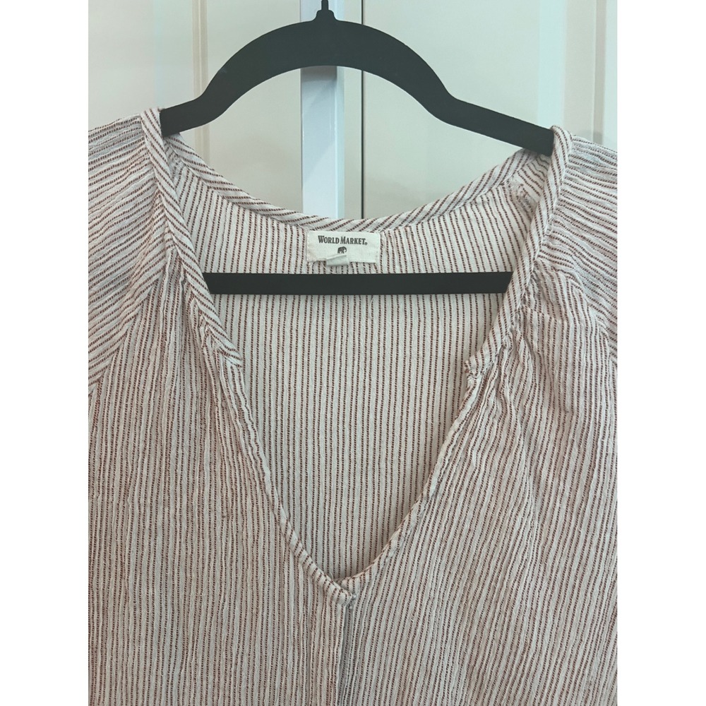 World Market Striped V-Neck Wide Leg Jumpsuit Beige Red S/M Boho Crinkle Pockets - Picture 3 of 10